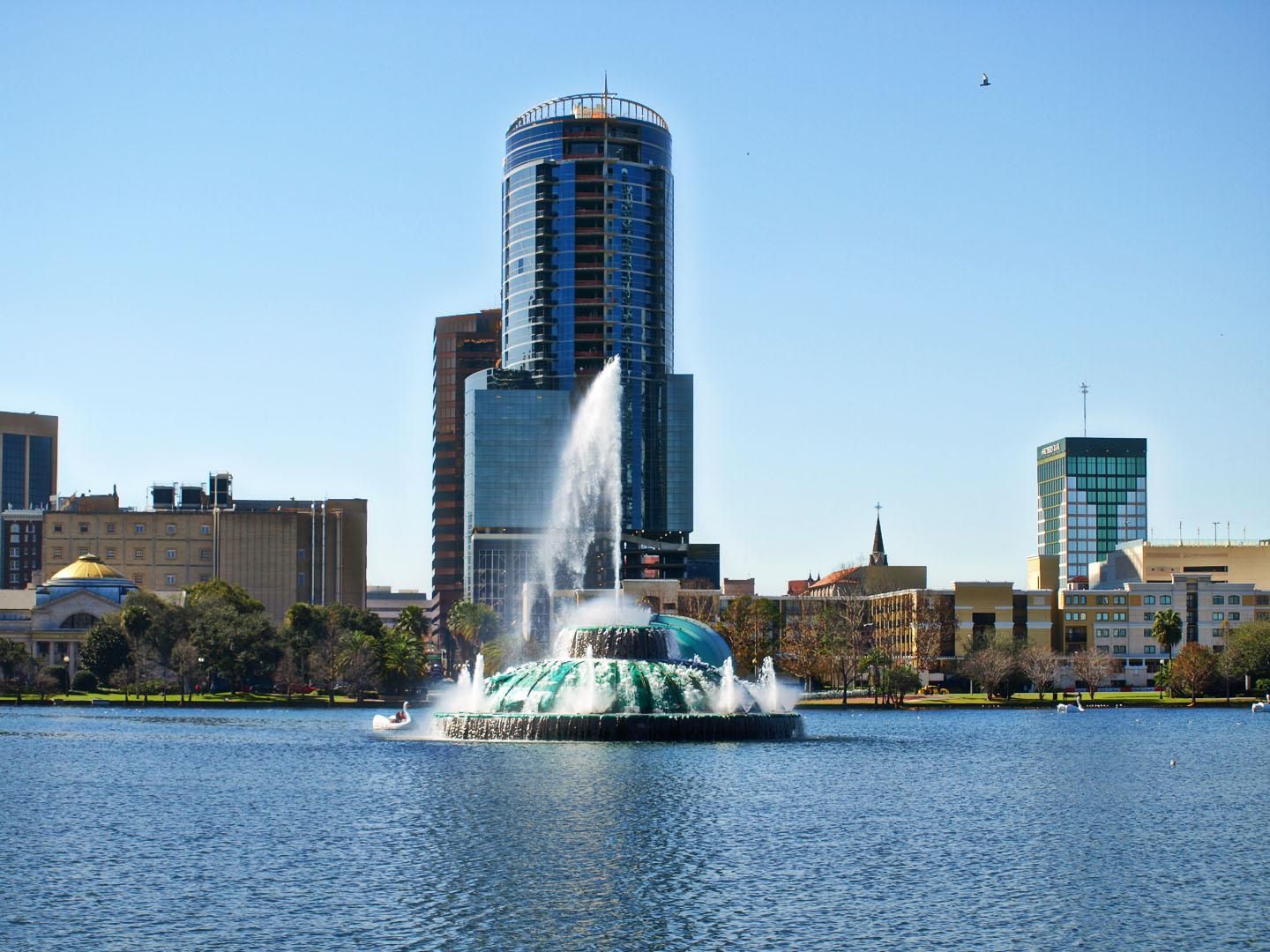 Lake Eola fountain with the downtown Orlando skyline